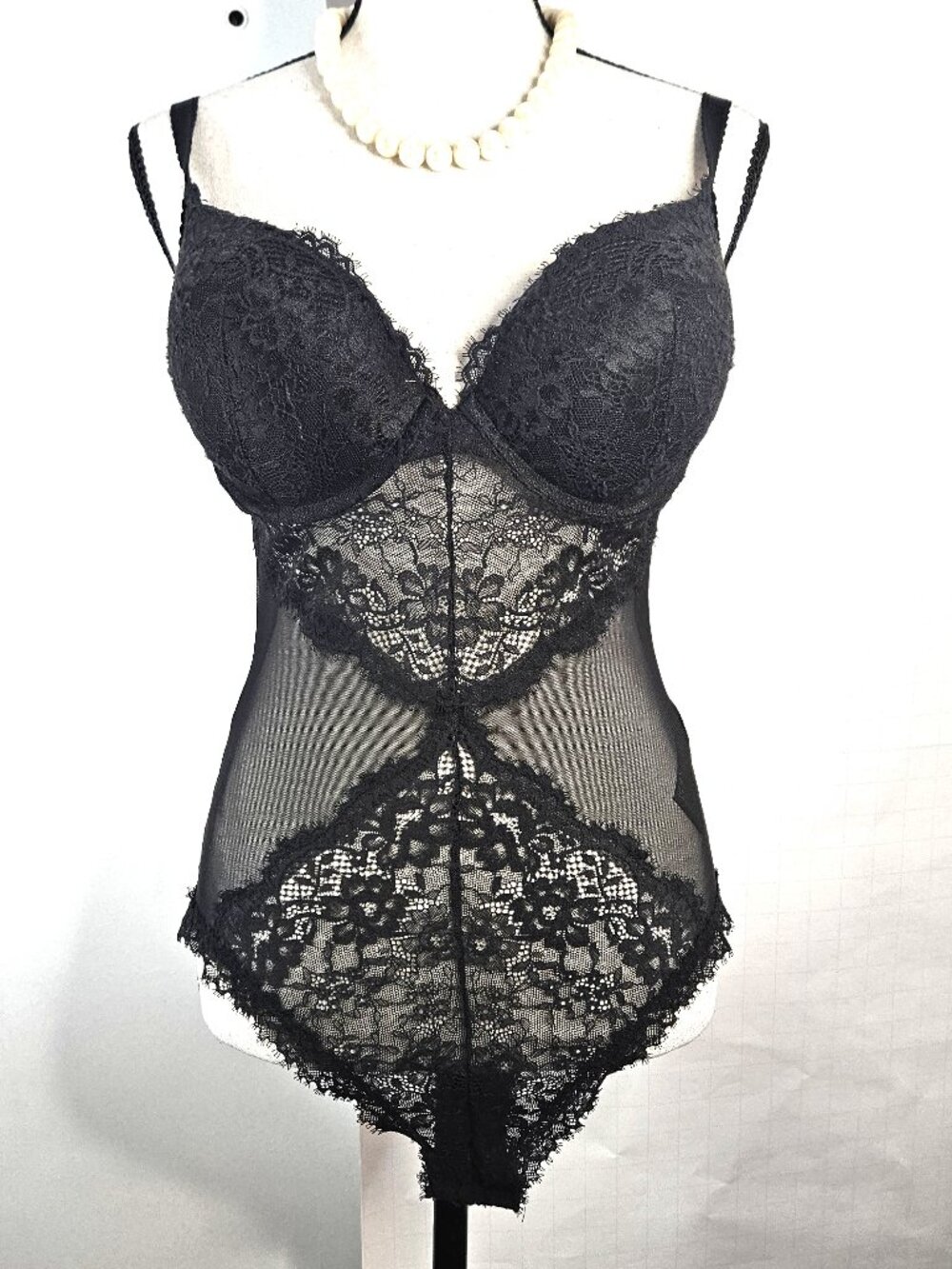 H & M Black Lace SZ 10 Push-Up Teddy in Sheer Lace,